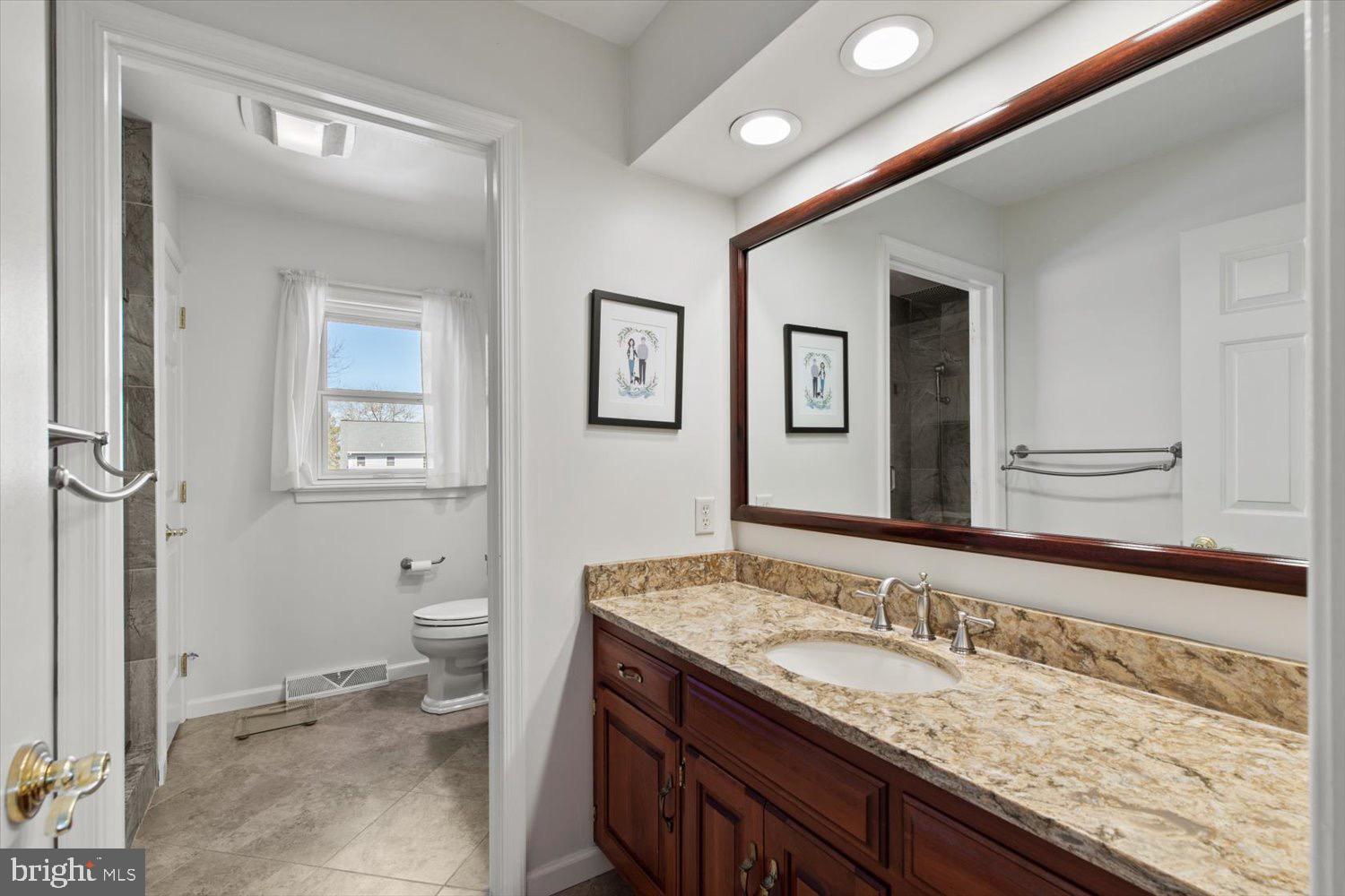 702 Buckwood Lane Lititz, PA 17543 - Photo 37 of 64 a bathroom with a granite countertop sink and a mirror