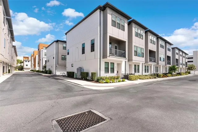 front view of a building with a street