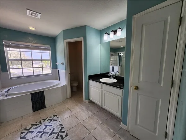 a bathroom with a bathtub sink and mirror