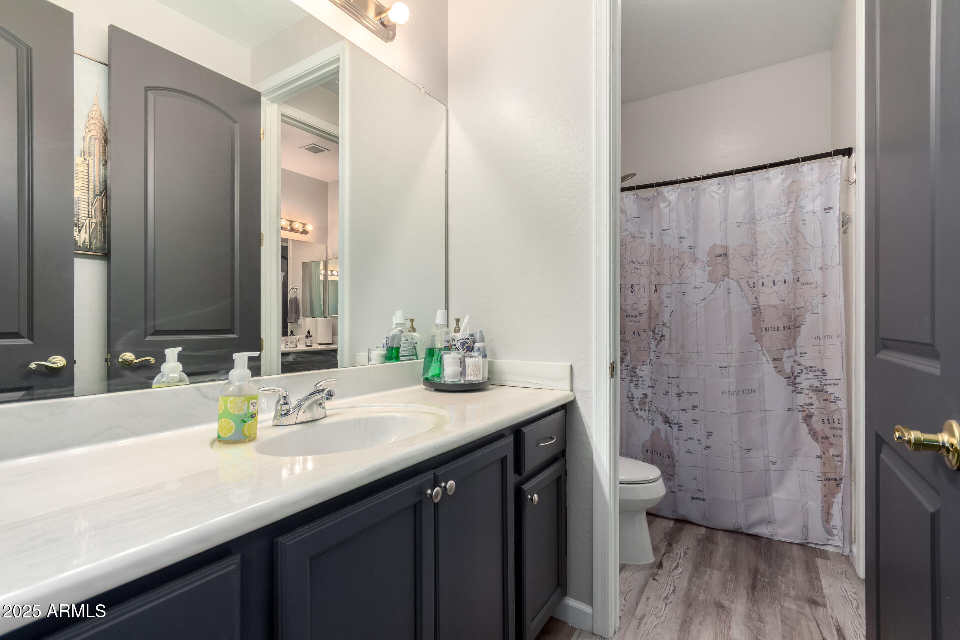 854 South Del Rio Court Apache Junction, AZ 85119 - Photo 37 of 57 a bathroom with a granite countertop sink a toilet and a mirror