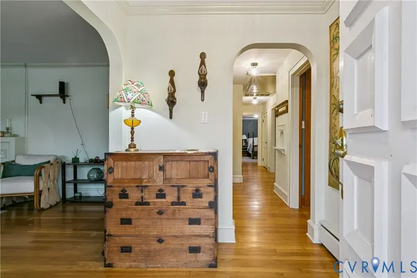 a view of dining room with wooden floor