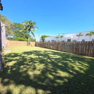 a view of a field with a tree in the background