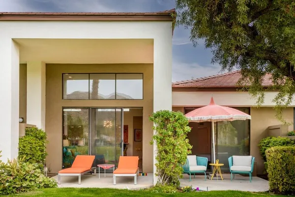 a front view of a house having patio