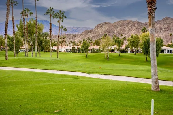 a view of a park and trees