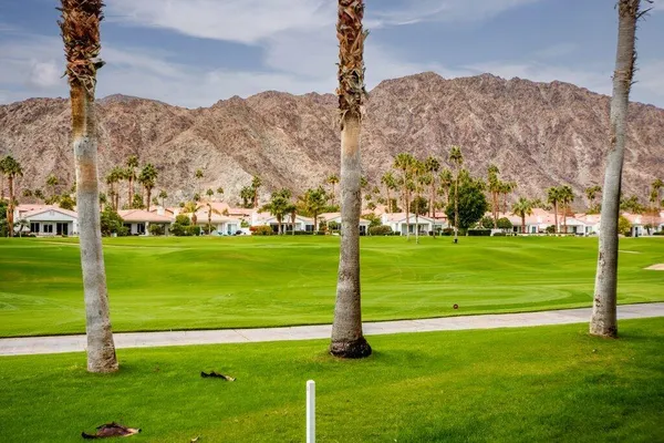a view of a golf course with a garden