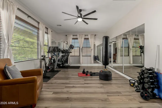 a view of a swimming pool with a bench and palm trees