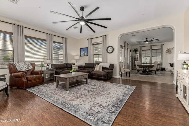 a view of a dining room with furniture