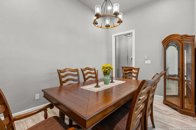 a view of a dining room with furniture