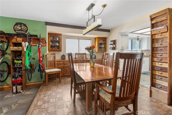a view of a dining room with furniture