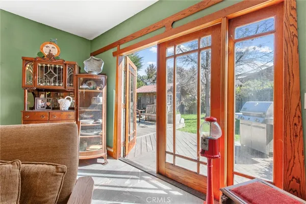 a view of a room with windows