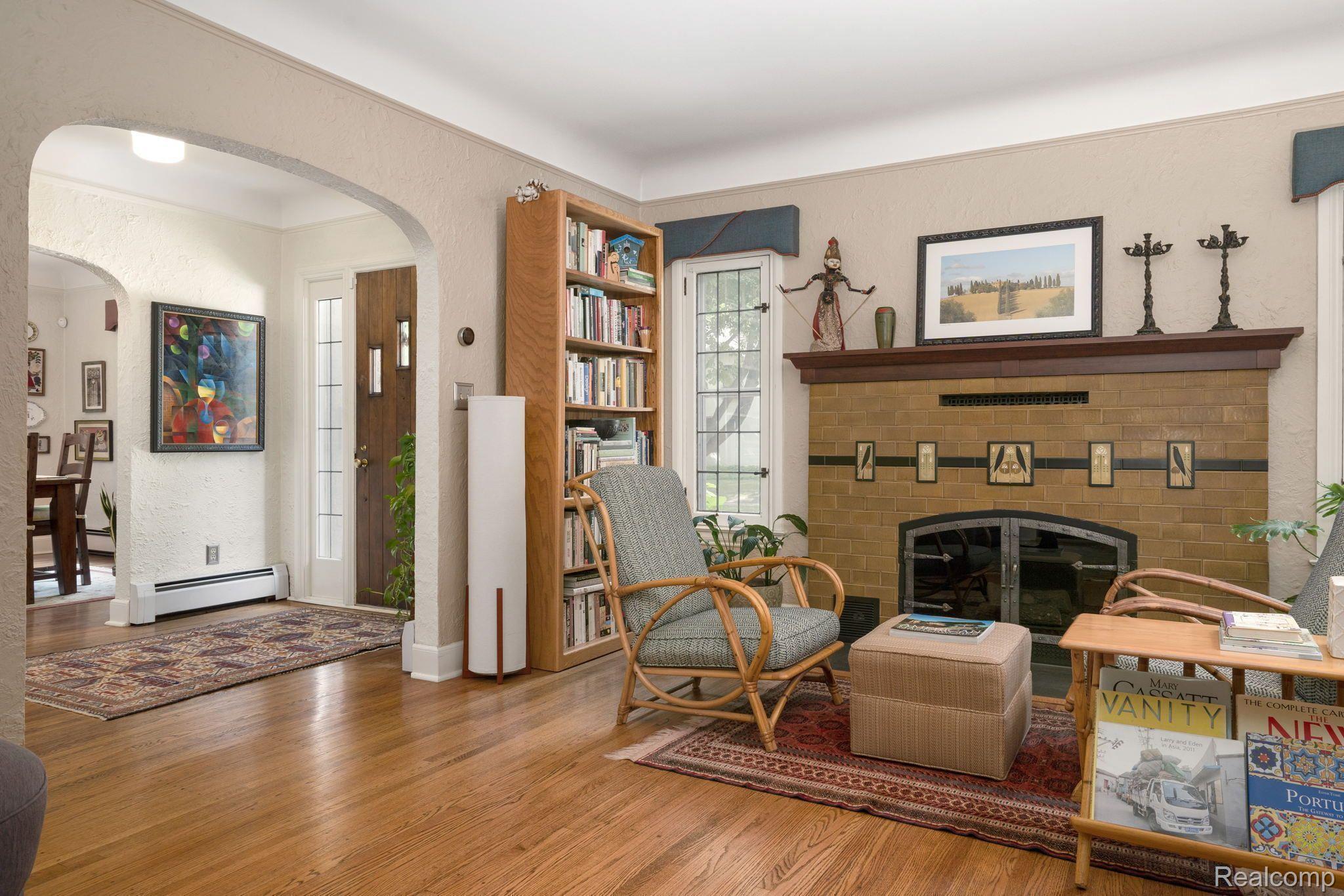 Living Room with a Motawi tile gas fireplace