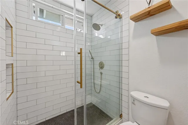 a bathroom with a shower and toilet