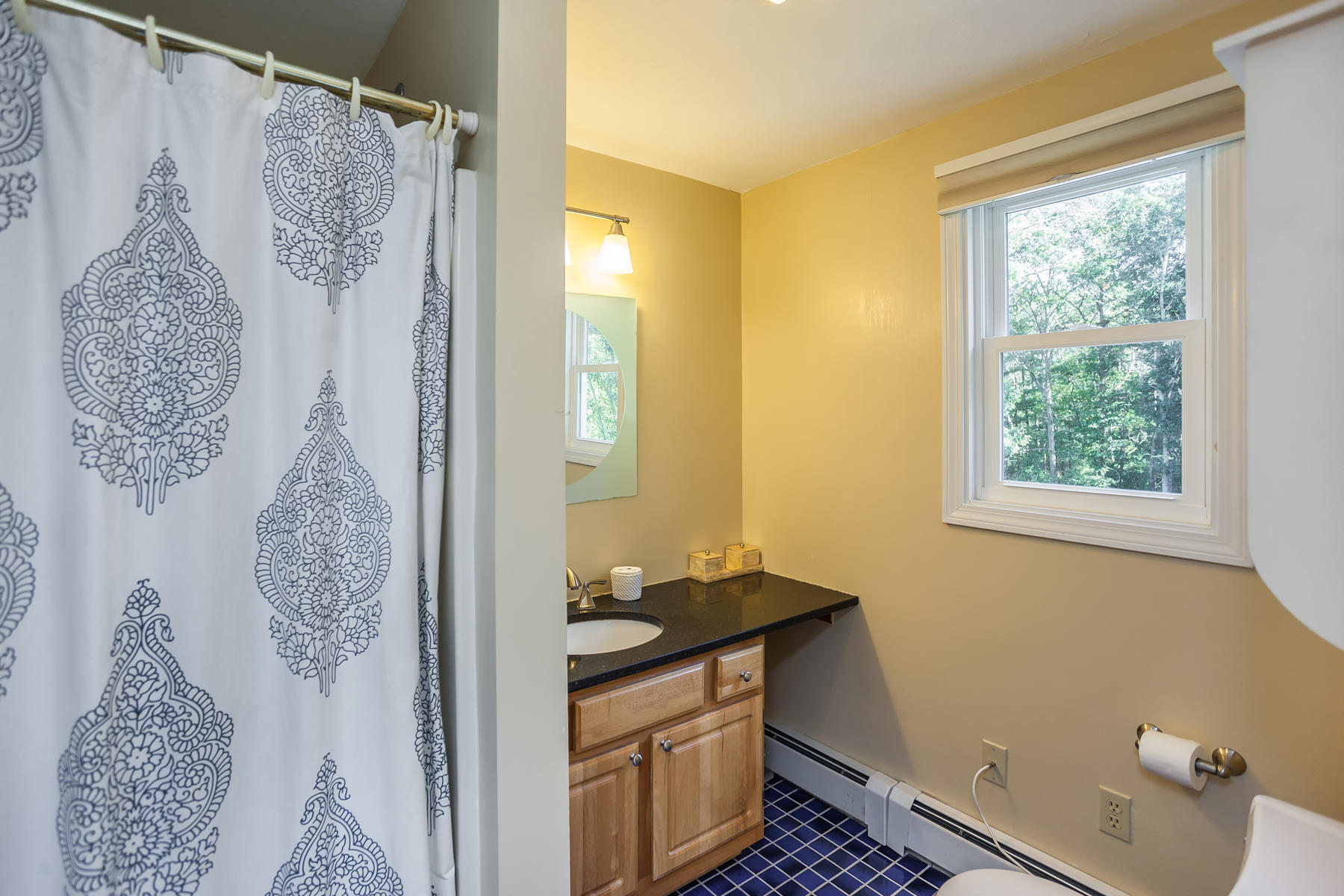 97 Shields Road Mashpee, MA 02649 - Photo 21 of 31 a bathroom with a granite countertop sink a toilet and shower curtain