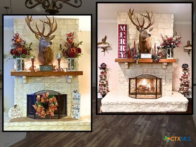 a view of living room with furniture and fireplace