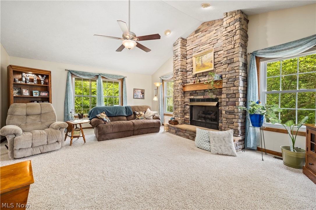 8737 River Corners Road Homerville, OH 44235 - Photo 5 of 46 Great room with a healthy amount of sunlight, carpet flooring, and ceiling fan
