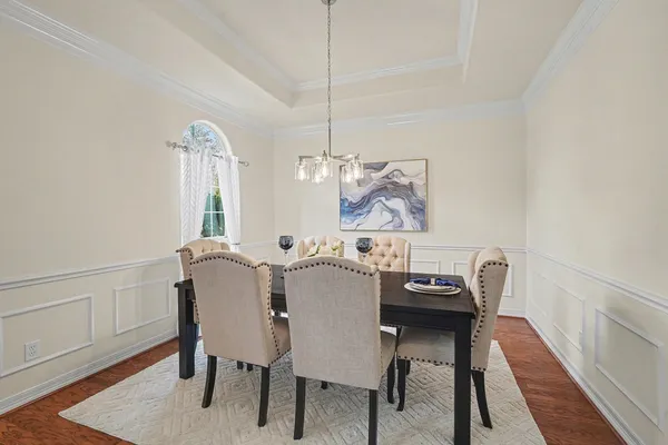 a view of a dining room with furniture
