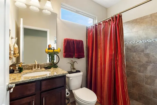 a bathroom with a sink a toilet a mirror and shower curtain