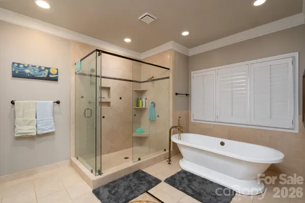a bathroom with a bathtub and a shower