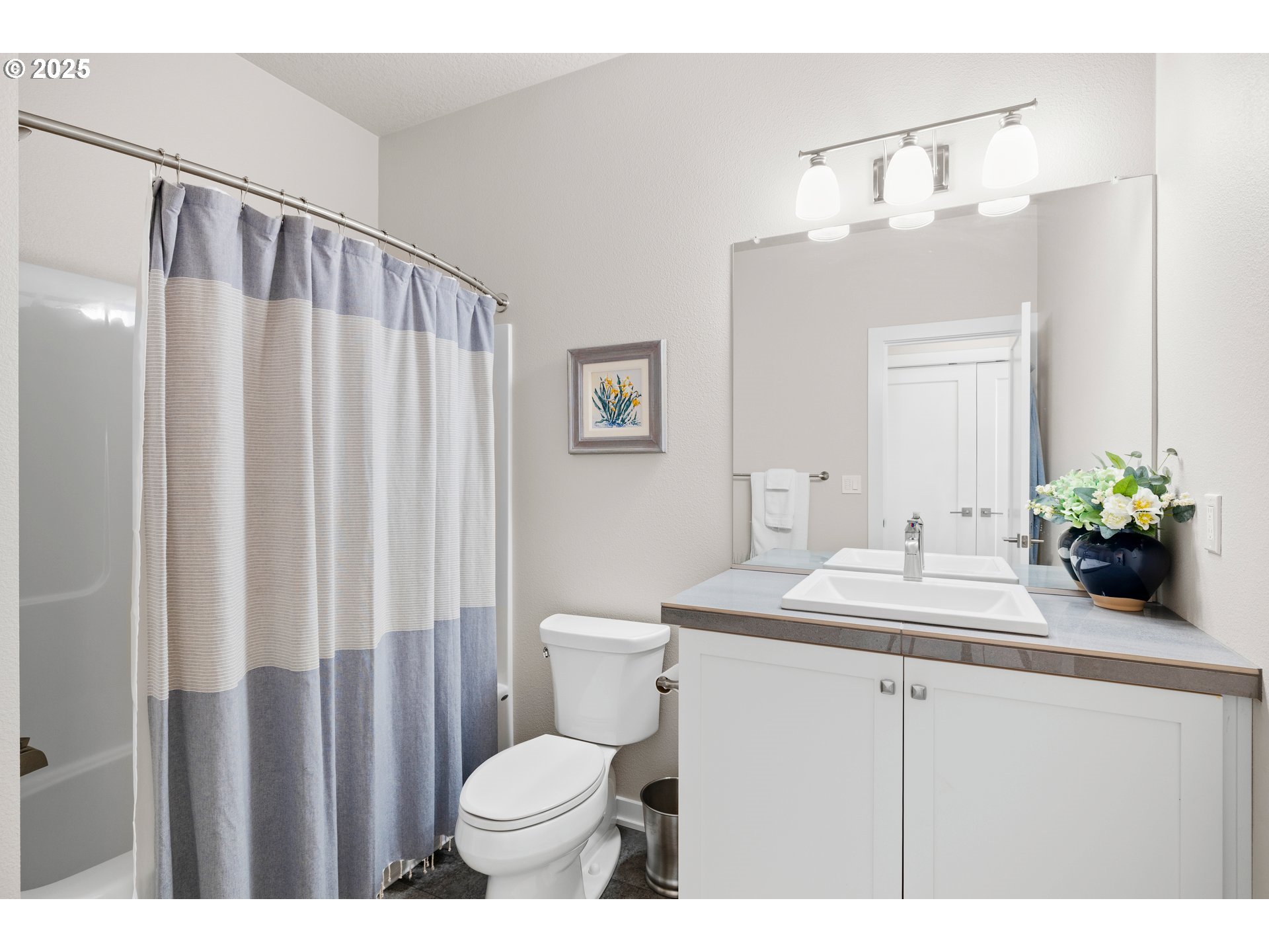 12524 Southwest 171st Terrace Beaverton, OR 97007 - Photo 31 of 40 a bathroom with a sink a toilet a mirror and shower curtain