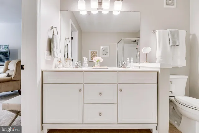a bathroom with a double vanity sink toilet and a mirror