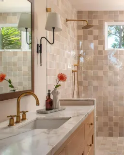 a bathroom with a granite countertop sink a mirror and shower