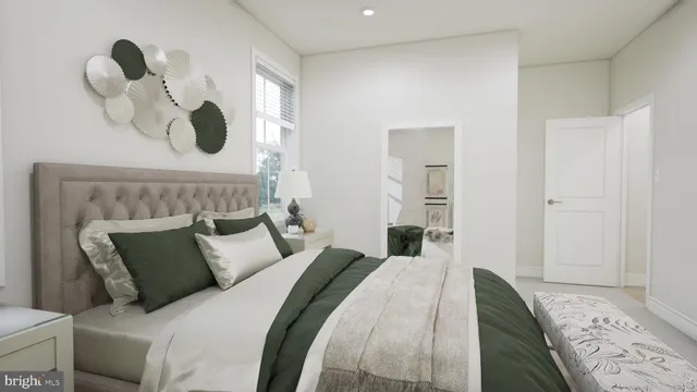a bedroom with a bed and cabinets