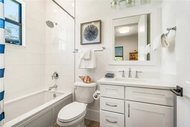 a bathroom with a toilet a sink a mirror a bathtub and vanity