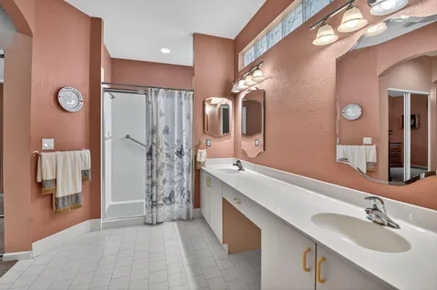 a bathroom with a double vanity sink a large mirror and shower