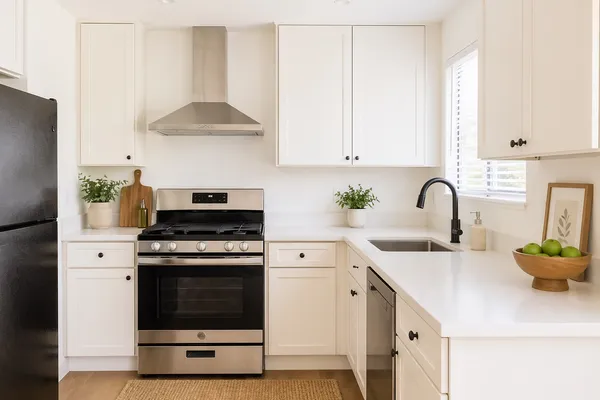 a kitchen with stainless steel appliances a stove a sink and white cabinets