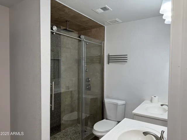 a bathroom with a shower and toilet