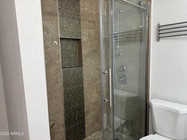 a bathroom with a shower and a toilet