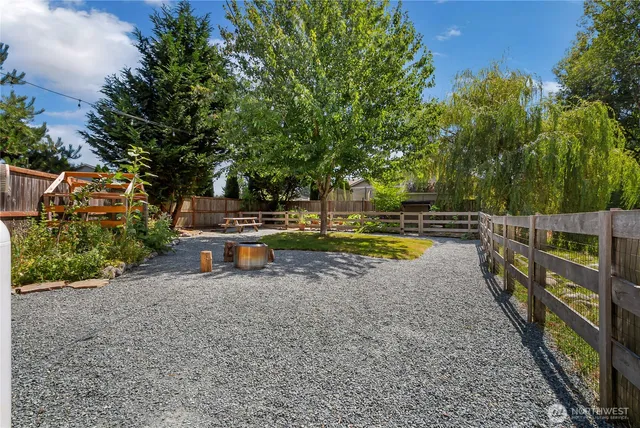 a view of a park with large trees