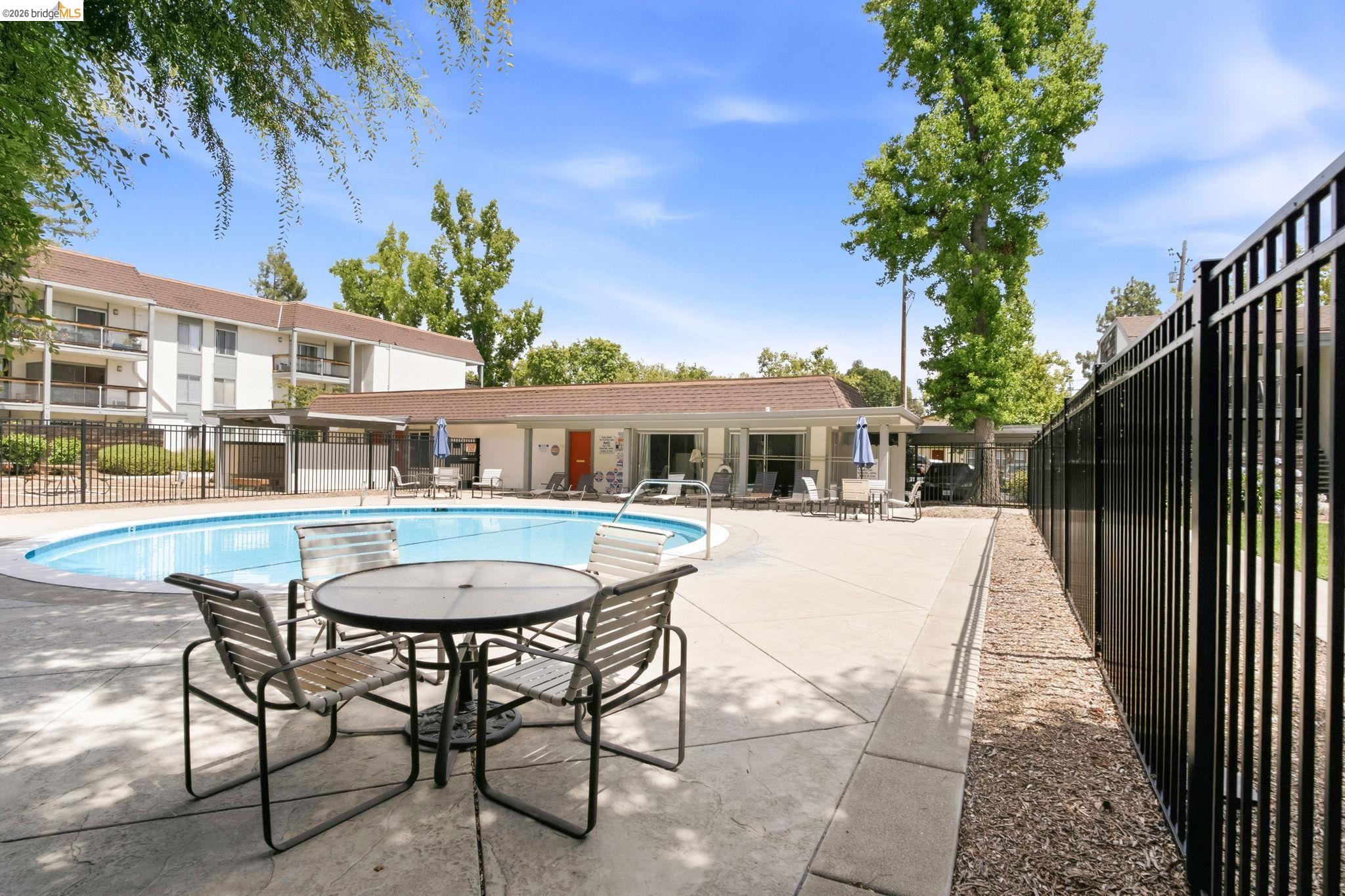 4081 Clayton Road, Unit 209 Concord, CA 94521 - Photo 43 of 47 Resort-style pool area featuring a curved swimming pool, surrounding concrete decking, and perimeter fencing