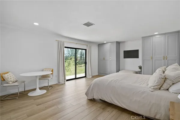 a spacious bedroom with a bed and a table in it