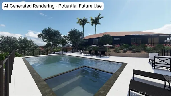 a view of a swimming pool and a chairs in patio