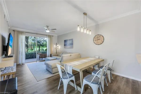 a view of a dining room with furniture window and wooden floor