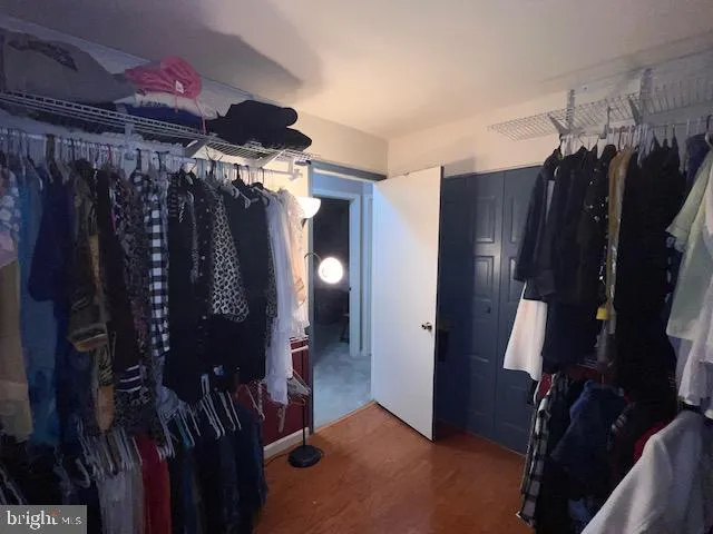 a view of walk in closet with clothes and shoes
