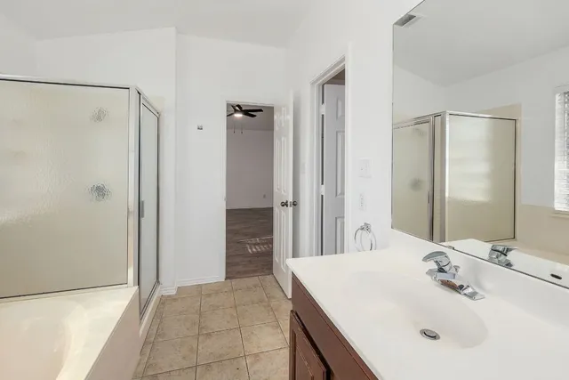a bathroom with a sink shower and a mirror