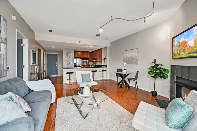 a living room with furniture kitchen view and a potted plant