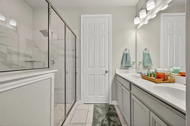 a bathroom with a sink a mirror and a shower