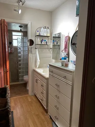 a bathroom with a double vanity sink toilet and shower