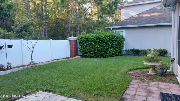 a view of a backyard with potted plants and a large tree