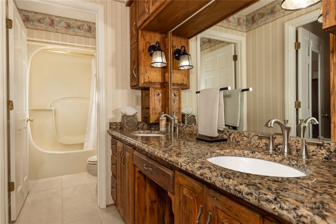 1335 Shingle Gap Road Purlear, NC 28665 - Photo 24 of 49 a bathroom with a granite countertop sink a toilet and a mirror