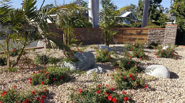 a view of backyard with flowers and trees