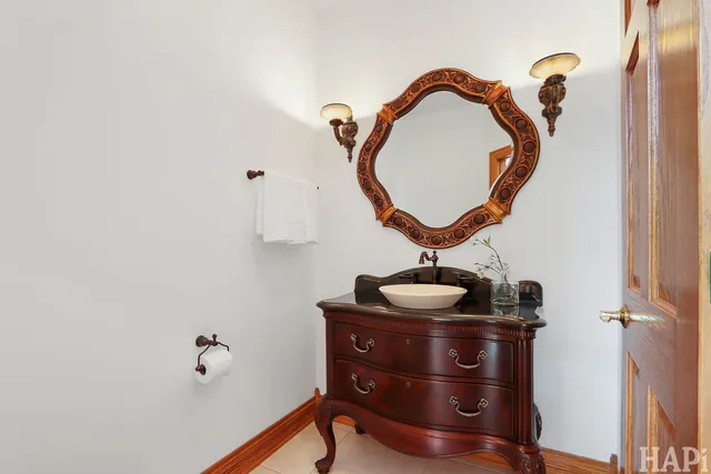 a workspace with chandelier