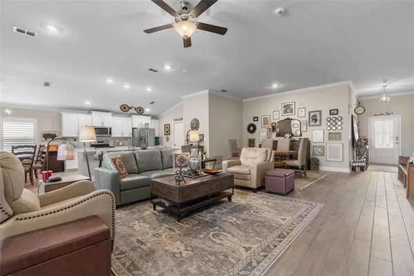 a view of a dining room with furniture