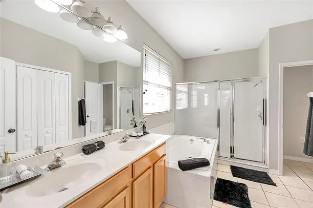 a bathroom with a double vanity sink mirror and shower