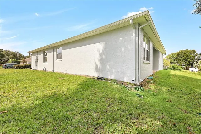 a backyard of a house with plants and large tree