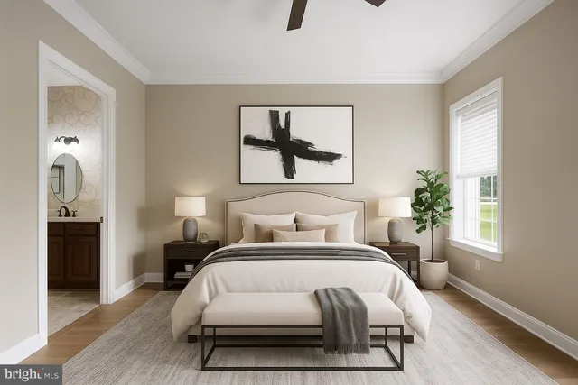 a bedroom with a bed a mirror and a window