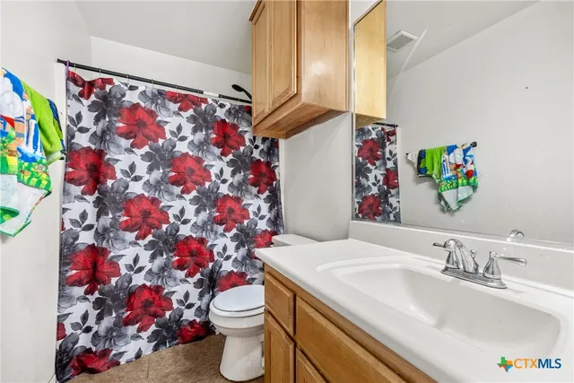 a bathroom with a sink mirror vanity and toilet